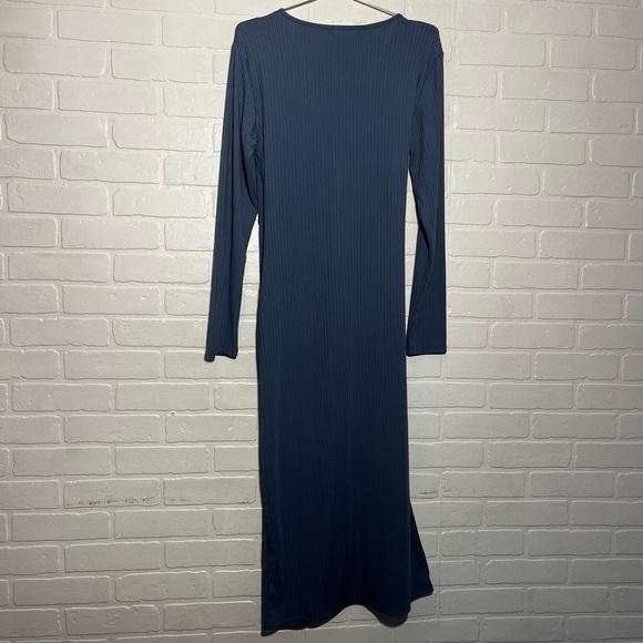Shibever Womens Midi Dress Blue Ribbed Knit Twist Front Bodycon Draped Large NWT - Picture 8 of 9